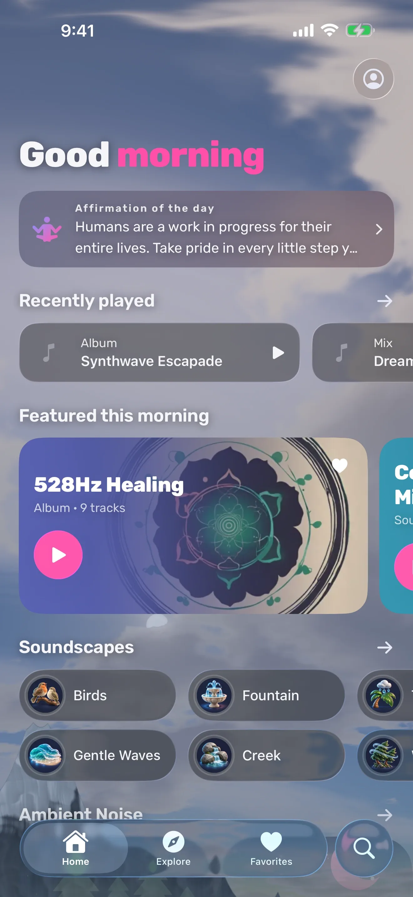 The Vibe Bloom Home screen on iPhone, with featured mixes over a live sky