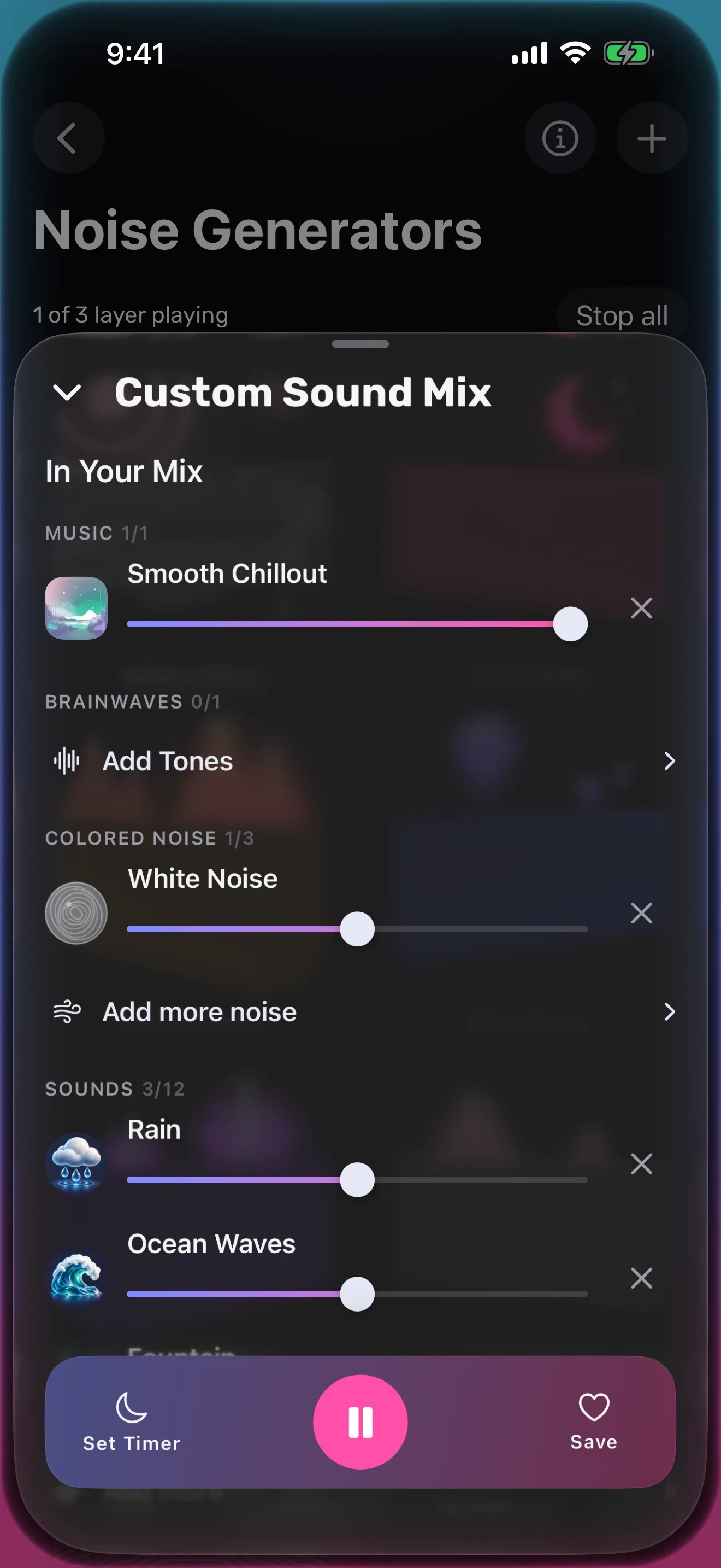The mixer with music, soundscape and noise layers and their level sliders